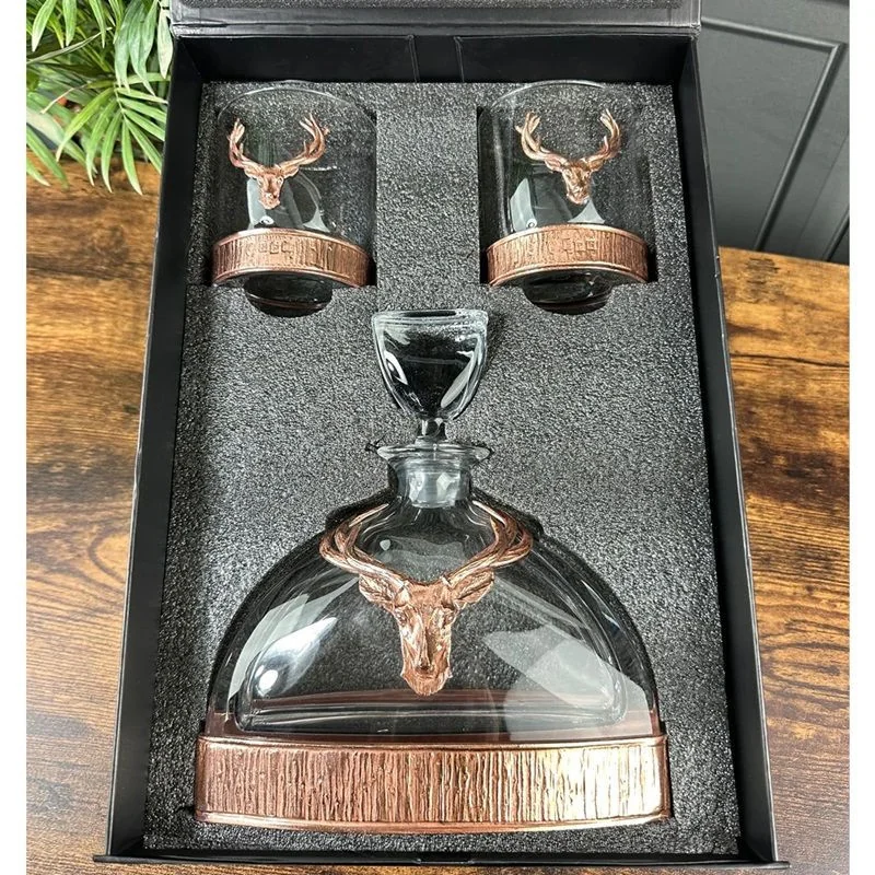 Majestic Copper Stag Crystal Decanter Gift Set with 2 Whisky Glasses - 1