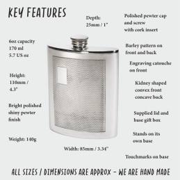 Barley Kidney Pewter Hip Flask 6oz