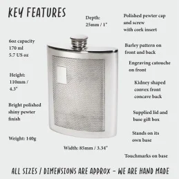 Barley Kidney Pewter Hip Flask 6oz