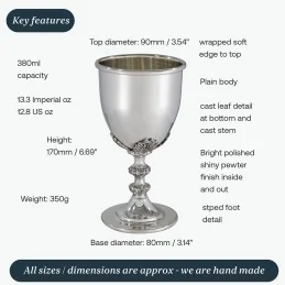 Dionysus Pewter Goblet – 380ml with Vine Leaf Stem and Gift Box